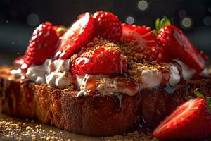 fragola pane abbrustolito, macro tiro di un' fresco prima colazione con gocciolante Miele, ai generato foto