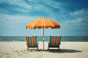 confortevole spiaggia sedie ombrello. creare ai foto