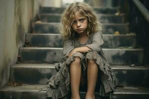 triste poco ragazza nel vestito seduta su scale. creare ai foto