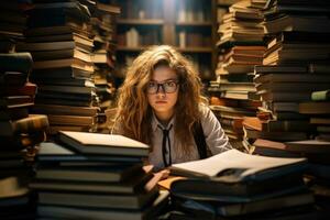 alunno con pile di libri nel biblioteca foto