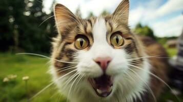 avvicinamento foto di un' divertente scioccato norvegese foresta gatto attaccare su il suo lingua. generativo ai