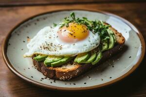 piatto con pane e fritte uovo e avocado foto