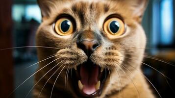 avvicinamento foto di un' divertente scioccato birmano gatto attaccare su il suo lingua. generativo ai
