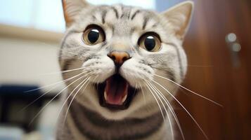 avvicinamento foto di un' divertente scioccato burmilla gatto attaccare su il suo lingua. generativo ai