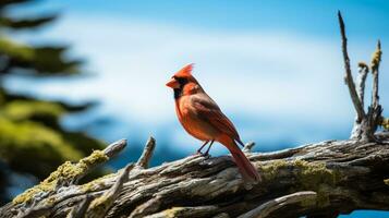 foto di un' settentrionale cardinale in piedi su un' caduto albero ramo a mattina. generativo ai