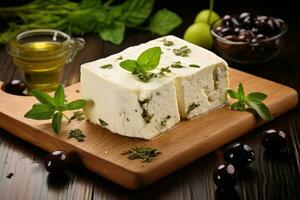 feta formaggio con olive e basilico su un' chopping tavola il maggior parte famoso greco formaggio. foto