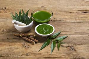 foglie medicinali di neem in mortaio e pestello con pasta di neem, succo e ramoscelli su fondo di legno foto