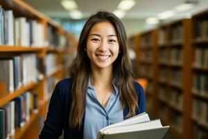 ritratto di un' contento giovane donna trasporto libri nel un' biblioteca a Università foto