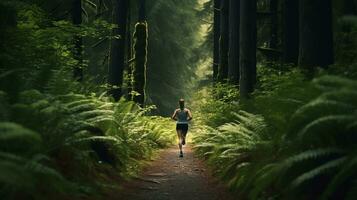 foresta sprint - cattura il del corridore forza di volontà in mezzo natura ai generativo foto