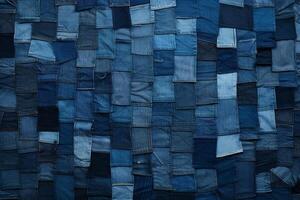 creativo patchwork di denim textures nel vario occhiali da sole di blu, ideale per incentrato sui giovani moda annunci ai generativo foto