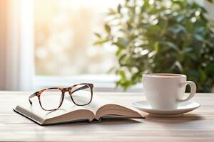 accogliente mattina ancora vita con un' bianca caffè tazza, occhiali, e un Aperto libro su un' rustico di legno tavolo ai generativo foto