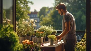 uomo Abbracciare una persona un' sereno mattina routine su un' illuminata dal sole balcone prospiciente un' vivace primavera giardino ai generativo foto