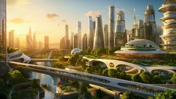 tramonto al di sopra di futuristico città con grattacieli verde integrazione e digitale cartelloni di inteligente urbano vivente ai generativo foto