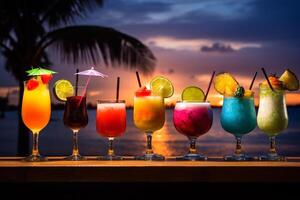 Vettore di vivace esotico cocktail contro tropicale spiaggia fondale a crepuscolo ai generativo foto