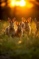 un' famiglia di selvaggio conigli godendo il ora d'oro Visualizza nel un' erboso campo ai generativo foto
