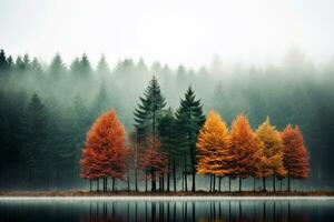 nebbioso foresta durante autunno con alto alberi e multicolore foglie, fornire ampio copia spazio ai generativo foto