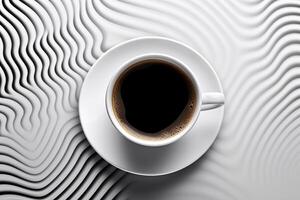 aereo Visualizza di cottura a vapore caffè tazza su geometricamente fantasia superficie con ampio copia spazio ai generativo foto