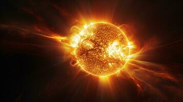 iperrealistico Immagine di il di sole superficie in mostra il crudo energia di eruzione solare razzi ai generativo foto