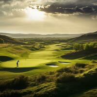 Esperienza di golf in mezzo il vasto distesa di natura e meravigliosamente illuminato paesaggio ai generativo foto