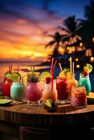 Vettore di vivace esotico cocktail contro tropicale spiaggia fondale a crepuscolo ai generativo foto