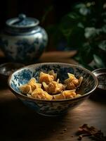 shui lan fritte wonton per Cinese kung pao, nel il stile di fiore e natura motivi ai generato foto