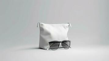 confezione Borsa modello bianca con occhiali da sole su bianca bg, ai generato foto