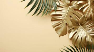 oro colorato tropicale palma le foglie su beige sfondo ai generato foto