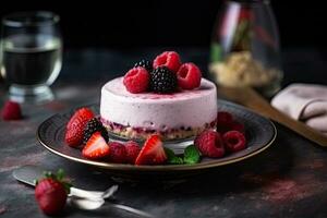 fetta di fragola torta di formaggio su un' piatto, ai generato foto