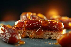 Arabia arabo date pane abbrustolito, macro tiro di un' fresco prima colazione con gocciolante Miele, ai generato foto