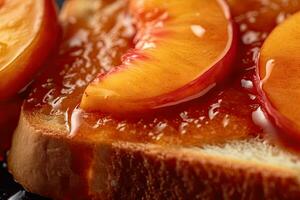 pesca pane abbrustolito, macro tiro di un' fresco prima colazione con gocciolante Miele, ai generato foto