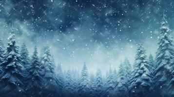 sfocatura neve caduta con pino foresta sfondo. Natale e nuovo anno manifesto e saluto carta decorazione concetto. ai generato foto