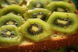 kiwi pane abbrustolito, macro tiro di un' fresco prima colazione con gocciolante Miele, ai generato foto