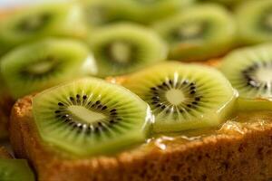 kiwi pane abbrustolito, macro tiro di un' fresco prima colazione con gocciolante Miele, ai generato foto