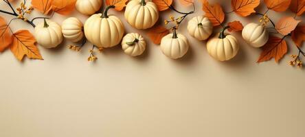 ai, ai generato, autunno vivace zucche e le foglie su rustico beige sfondo, copia spazio fondale modello per raccogliere vendita striscione, autunno naturale bellezza foto