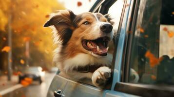 ai, ai generato, un' allegro cane Leans su di un' auto finestra, cattura il eccitazione e gioia di un' divertimento e avventuroso strada viaggio con suo peloso amico foto