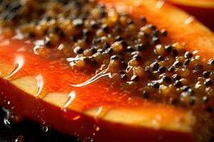 papaia pane abbrustolito, macro tiro di un' fresco prima colazione con gocciolante Miele, ai generato foto