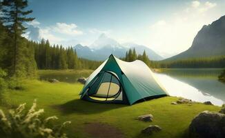 un' tenda con bellissimo natura sfondo, generativo ai illustrazione. foto