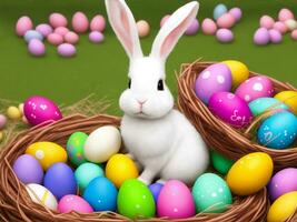 contento coniglietto conigli con Pasqua uova, generativo ai illustrazione. foto