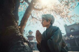 asiatico donna pregare. creare ai foto