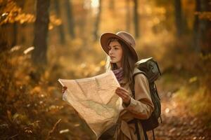 viaggiatore donna autunno. creare ai foto