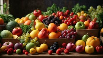 assortimento di fresco biologico frutta e verdure nel arcobaleno colori. ai generato foto