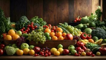 enorme gruppo di fresco verdure e frutta su di legno sfondo. ai generato foto