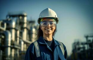 femmina ingegnere olio raffineria Lavorando. creare ai foto