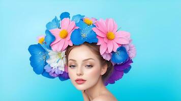 surreale astratto donna ritratto con fiori al di sopra di testa su blu sfondo. estate colori. concetto di ambientale cordialità e naturalezza di cosmetico prodotti. striscione. ai generato foto