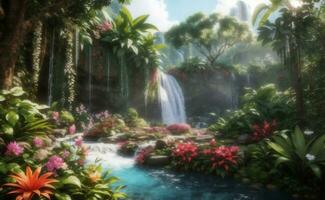 un' cascata nel foresta con fioritura fiori, generativo ai illustrazione. foto