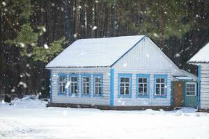 di legno Casa nel un' pino foresta nel nevoso inverno. foto
