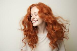 attraente giovane donna con Riccio rosso capelli e un' Sorridi foto