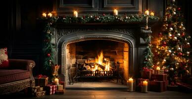 nuovo anni i regali di il il camino, festivo Natale interno di un' Casa con un' Natale albero - ai generato Immagine foto