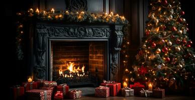 nuovo anni i regali di il il camino, festivo Natale interno di un' Casa con un' Natale albero - ai generato Immagine foto