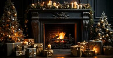 nuovo anni i regali di il il camino, festivo Natale interno di un' Casa con un' Natale albero - ai generato Immagine foto